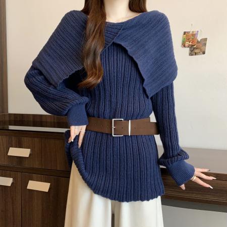 FA48402# 大码一字肩针织衫蓝色毛衣秋冬胖mm遮肉显瘦设计感长袖上衣 服裝批發女裝批發服飾貨源