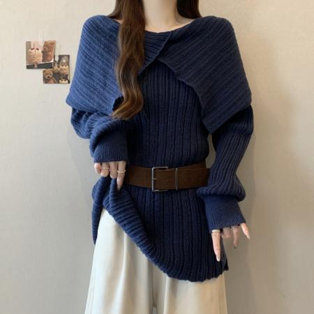 FA48402# 大码一字肩针织衫蓝色毛衣秋冬胖mm遮肉显瘦设计感长袖上衣 服裝批發女裝批發服飾貨源