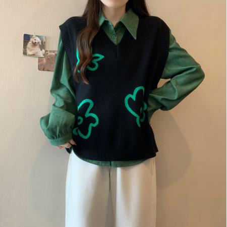 FA48403# 大码初秋叠穿马甲两件套上衣女绿色衬衫高级感针织背心套装 服裝批發女裝批發服飾貨源