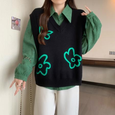 FA48403# 大码初秋叠穿马甲两件套上衣女绿色衬衫高级感针织背心套装 服裝批發女裝批發服飾貨源