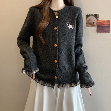 FA48404# 大码深灰色毛衣秋冬款格子荷叶边上衣胖mm显瘦遮肉针织开衫 服裝批發女裝批發服飾貨源