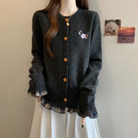 FA48404# 大码深灰色毛衣秋冬款格子荷叶边上衣胖mm显瘦遮肉针织开衫 服裝批發女裝批發服飾貨源