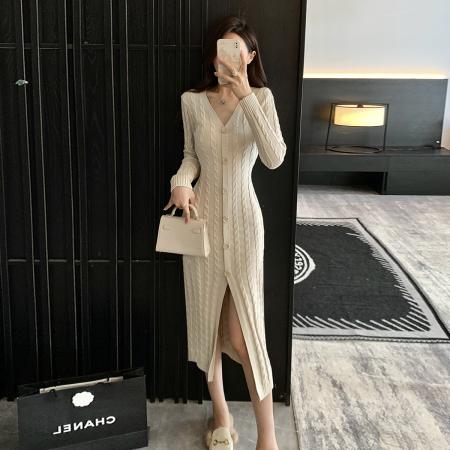 FA48406# 韩国OL包臀麻花针织毛衣连衣裙女秋冬修身开叉打底中长款过膝长裙 服裝批發女裝批發服飾貨源
