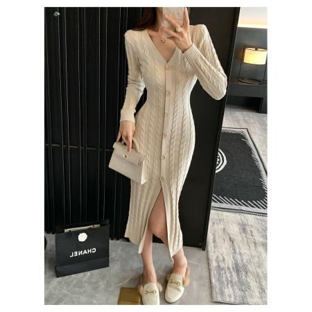 FA48406# 韩国OL包臀麻花针织毛衣连衣裙女秋冬修身开叉打底中长款过膝长裙 服裝批發女裝批發服飾貨源