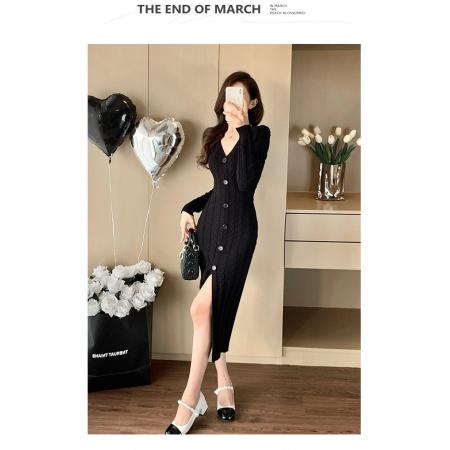 FA48406# 韩国OL包臀麻花针织毛衣连衣裙女秋冬修身开叉打底中长款过膝长裙 服裝批發女裝批發服飾貨源