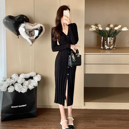 FA48406# 韩国OL包臀麻花针织毛衣连衣裙女秋冬修身开叉打底中长款过膝长裙 服裝批發女裝批發服飾貨源