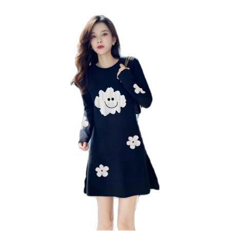 FA48407# 韩国气质宽松遮肚子俏皮减龄小个子毛衣针织连衣裙秋冬打底小黑裙 服裝批發女裝批發服飾貨源