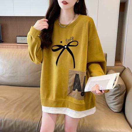 FA48408# 高街潮流口袋拼接宽松薄款卫衣女ins蝴蝶结印花中长款假两件上衣  服裝批發女裝批發服飾貨源