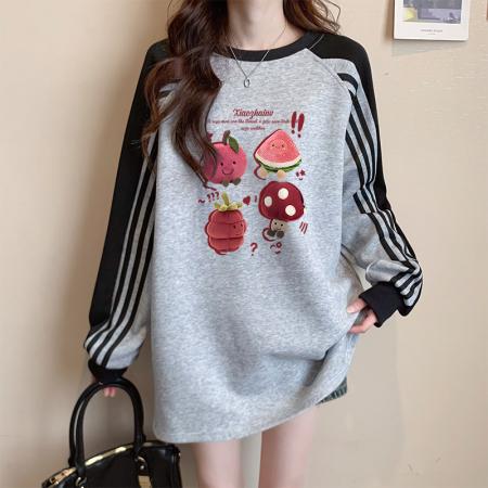 FA48409# 秋冬拼色插肩袖配鲨鱼裤卫衣女甜美趣味涂鸦宽松中长款遮屁股上衣  服裝批發女裝批發服飾貨源