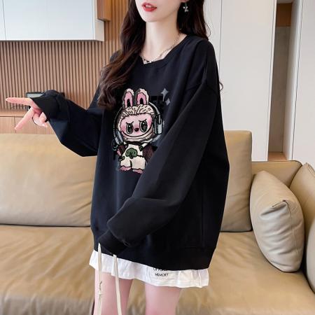 FA48410# 设计感拼色假两件宽松长袖卫衣女ins韩版趣味印花中长款遮肉上衣  服裝批發女裝批發服飾貨源