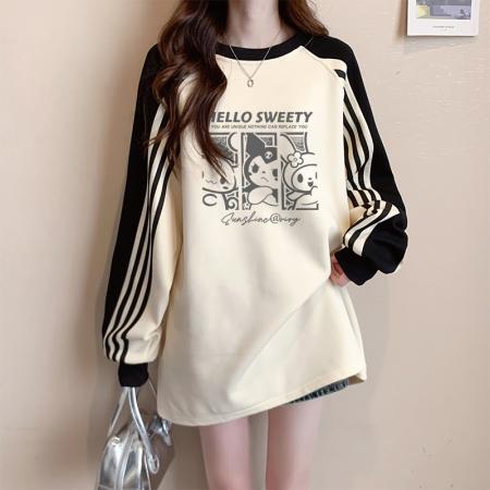 FA48411# 秋冬超火插肩袖中长款卫衣女可爱风卡通印花遮屁股配鲨鱼裤上衣潮  服裝批發女裝批發服飾貨源