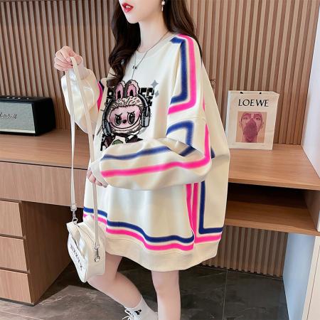 FA48414# 春秋季撞色线条宽松卫衣女超火卡通印花减龄洋气网红炸街上衣  服裝批發女裝批發服飾貨源