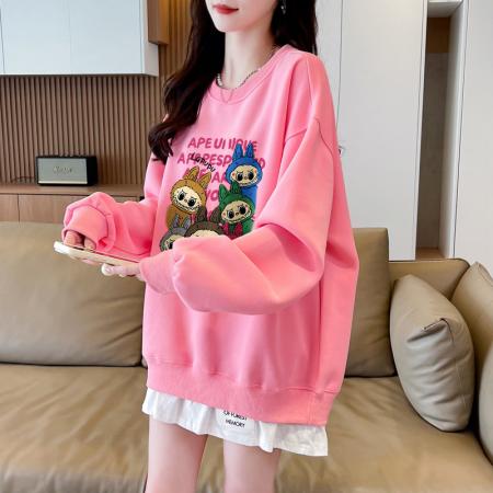 FA48415# 初秋撞色假两件拼接薄款卫衣女网红潮牌卡通涂鸦时尚宽松高街上衣  服裝批發女裝批發服飾貨源