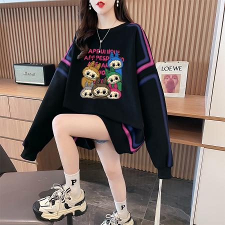 FA48416# 甜酷风潮牌卡通印花薄款卫衣女春秋季撞色线条宽松遮肚子上衣  服裝批發女裝批發服飾貨源