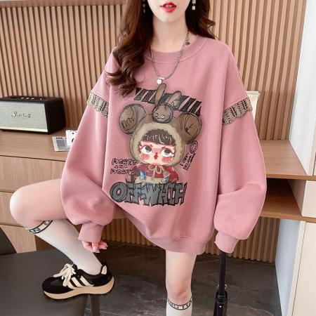 FA48417# 爆款设计感拼接撞色加绒卫衣女韩版宽松洋气减龄卡通印花上衣  服裝批發女裝批發服飾貨源
