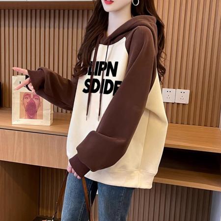 FA48424# 超火插肩袖拼接加绒加厚卫衣女简约风洋气字母宽松连帽上衣潮  服裝批發女裝批發服飾貨源