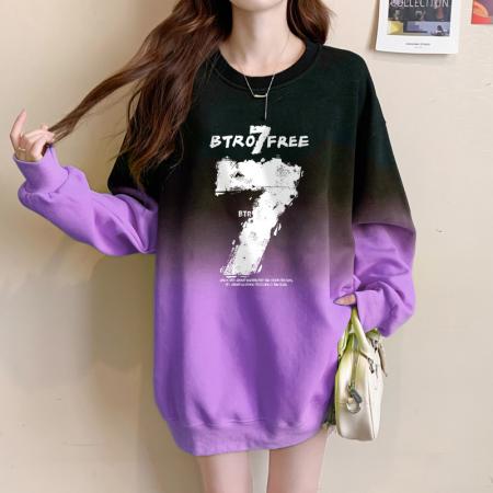 FA48425# 秋冬爆款撞色渐变宽松加绒卫衣女ins韩版洋气数字印花中长款上衣  服裝批發女裝批發服飾貨源