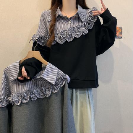 FA48429# 条纹衬衫拼接假两件卫衣打底衫女秋冬大码胖mm设计感立体花朵上衣 服裝批發女裝批發服飾貨源