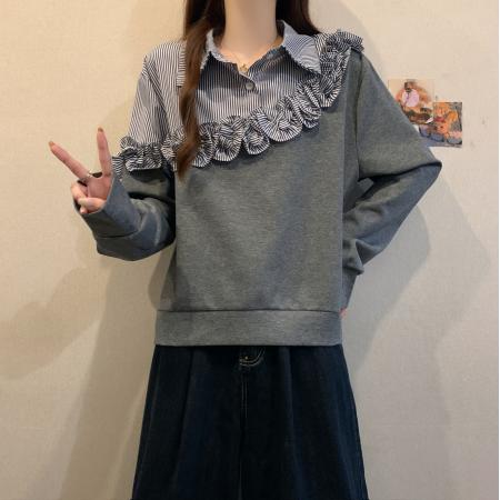 FA48429# 条纹衬衫拼接假两件卫衣打底衫女秋冬大码胖mm设计感立体花朵上衣 服裝批發女裝批發服飾貨源