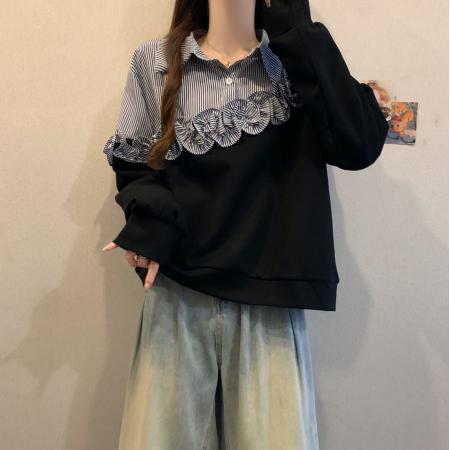 FA48429# 条纹衬衫拼接假两件卫衣打底衫女秋冬大码胖mm设计感立体花朵上衣 服裝批發女裝批發服飾貨源