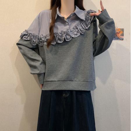 FA48429# 条纹衬衫拼接假两件卫衣打底衫女秋冬大码胖mm设计感立体花朵上衣 服裝批發女裝批發服飾貨源