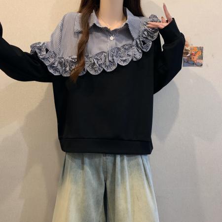 FA48429# 条纹衬衫拼接假两件卫衣打底衫女秋冬大码胖mm设计感立体花朵上衣 服裝批發女裝批發服飾貨源