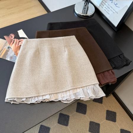 FA48430# 毛呢半身裙女冬季新款甜美雪纺拼接不规则短裙包臀高腰A字裙 服裝批發女裝批發服飾貨源