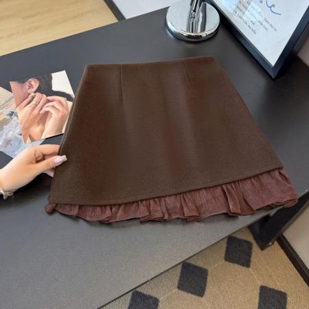 FA48430# 毛呢半身裙女冬季新款甜美雪纺拼接不规则短裙包臀高腰A字裙 服裝批發女裝批發服飾貨源