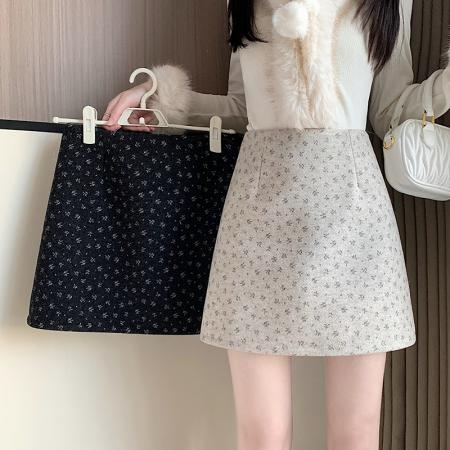 FA48431# 秋冬季新款韩版加厚毛呢碎花秋冬A字高腰显瘦百搭包臀裙子 服裝批發女裝批發服飾貨源