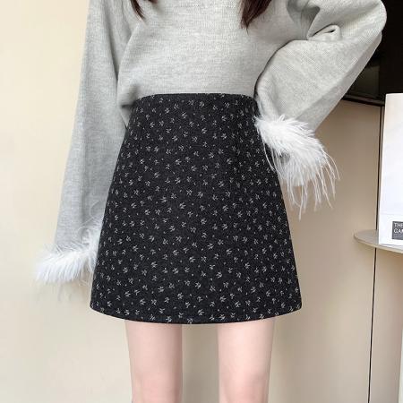 FA48431# 秋冬季新款韩版加厚毛呢碎花秋冬A字高腰显瘦百搭包臀裙子 服裝批發女裝批發服飾貨源