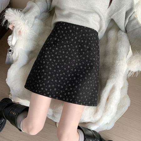 FA48431# 秋冬季新款韩版加厚毛呢碎花秋冬A字高腰显瘦百搭包臀裙子 服裝批發女裝批發服飾貨源