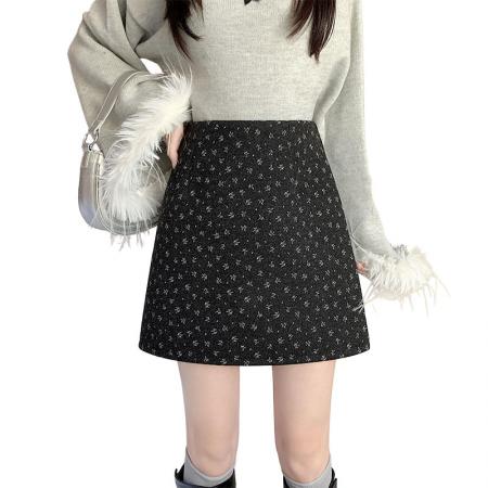 FA48431# 秋冬季新款韩版加厚毛呢碎花秋冬A字高腰显瘦百搭包臀裙子 服裝批發女裝批發服飾貨源