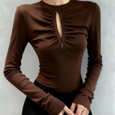 FA48435# 秋冬纯欲甜辣妹镂空修身显瘦圆领上衣女时尚气质百搭长袖上衣 服裝批發女裝批發服飾貨源