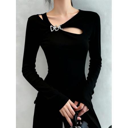 FA48437# 秋冬新款时尚美式设计感镂空长袖t恤女气质修身小众绝美上衣 服裝批發女裝批發服飾貨源