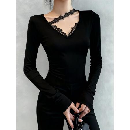 FA48438# 秋冬甜辣妹蕾丝拼接正肩v领黑色打底衫女内搭长袖修身显瘦t恤上衣 服裝批發女裝批發服飾貨源