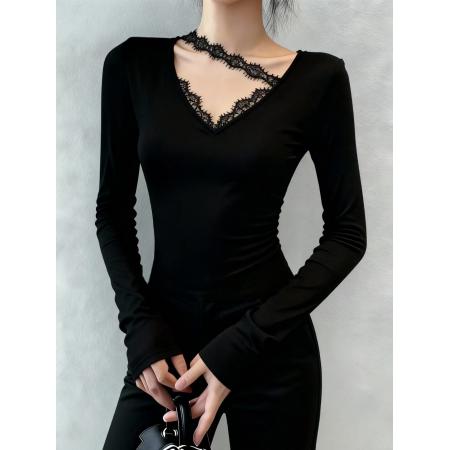 FA48438# 秋冬甜辣妹蕾丝拼接正肩v领黑色打底衫女内搭长袖修身显瘦t恤上衣 服裝批發女裝批發服飾貨源
