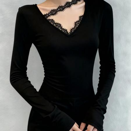 FA48438# 秋冬甜辣妹蕾丝拼接正肩v领黑色打底衫女内搭长袖修身显瘦t恤上衣 服裝批發女裝批發服飾貨源