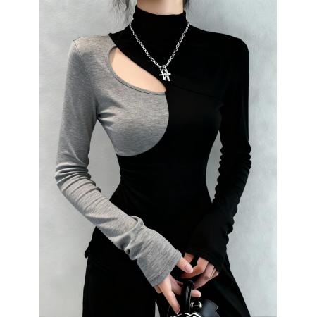 FA48439# 秋冬季时尚半高领镂空拼色长袖T恤女气质修身显瘦百搭上衣女 服裝批發女裝批發服飾貨源