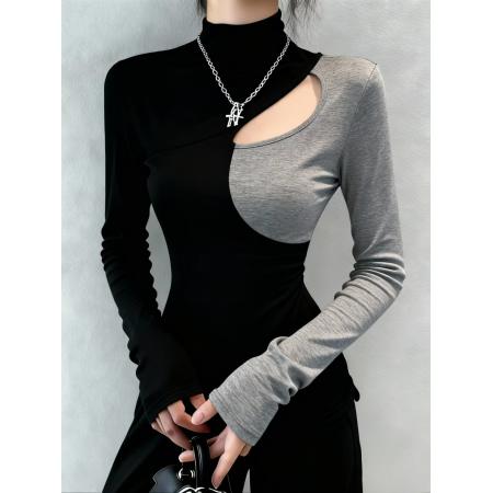 FA48439# 秋冬季时尚半高领镂空拼色长袖T恤女气质修身显瘦百搭上衣女 服裝批發女裝批發服飾貨源