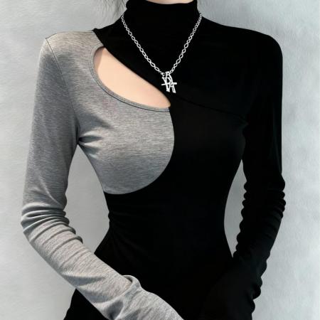 FA48439# 秋冬季时尚半高领镂空拼色长袖T恤女气质修身显瘦百搭上衣女 服裝批發女裝批發服飾貨源