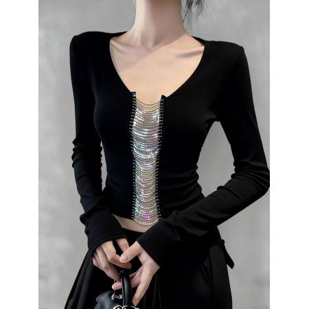 FA48441# 法式御姐气质镂空拼接长袖T恤女秋冬新款修身显瘦打底衫上衣 服裝批發女裝批發服飾貨源