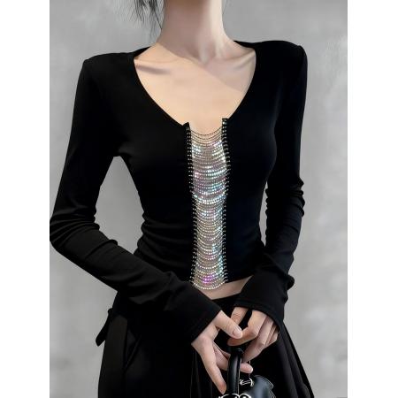 FA48441# 法式御姐气质镂空拼接长袖T恤女秋冬新款修身显瘦打底衫上衣 服裝批發女裝批發服飾貨源