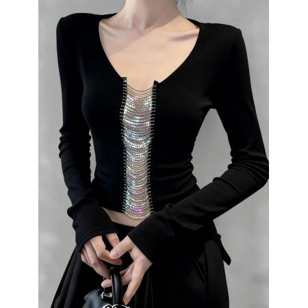 FA48441# 法式御姐气质镂空拼接长袖T恤女秋冬新款修身显瘦打底衫上衣 服裝批發女裝批發服飾貨源