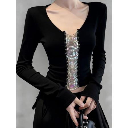 FA48441# 法式御姐气质镂空拼接长袖T恤女秋冬新款修身显瘦打底衫上衣 服裝批發女裝批發服飾貨源