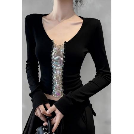 FA48441# 法式御姐气质镂空拼接长袖T恤女秋冬新款修身显瘦打底衫上衣 服裝批發女裝批發服飾貨源