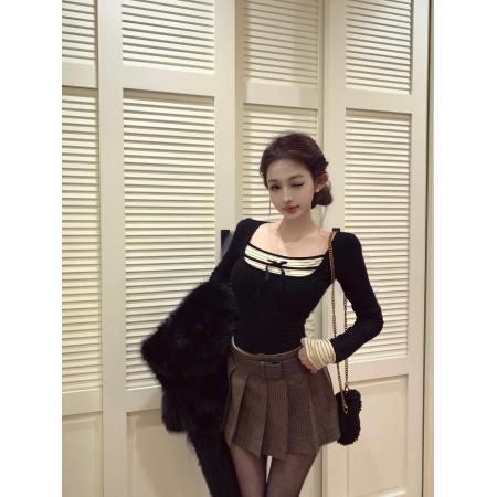 FA48442# 层次叠穿空间感T恤秋冬显瘦短款V领上衣 服裝批發女裝批發服飾貨源