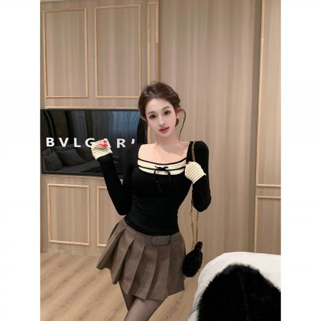 FA48442# 层次叠穿空间感T恤秋冬显瘦短款V领上衣 服裝批發女裝批發服飾貨源