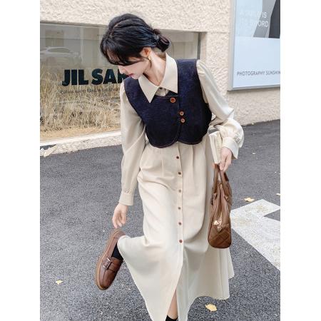 FA48445# 秋季新款法式气质穿搭牛仔马甲连衣裙套装女衬衫裙超火两件套 服裝批發女裝批發服飾貨源