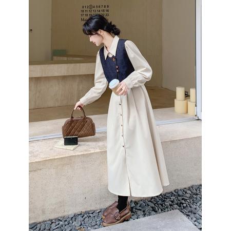 FA48445# 秋季新款法式气质穿搭牛仔马甲连衣裙套装女衬衫裙超火两件套 服裝批發女裝批發服飾貨源