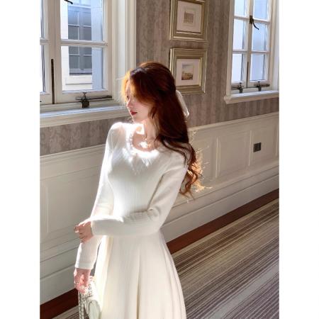 FA48446# 法式长袖连衣裙女秋冬内搭白色甜美修身长裙新款 服裝批發女裝批發服飾貨源